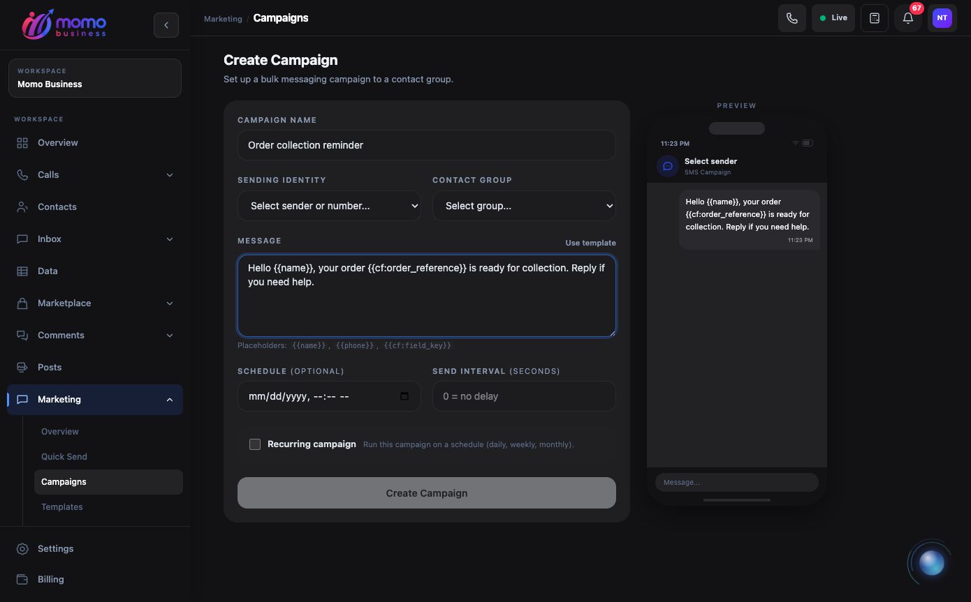 The Momo Business campaign form with a sample order reminder and its message preview
