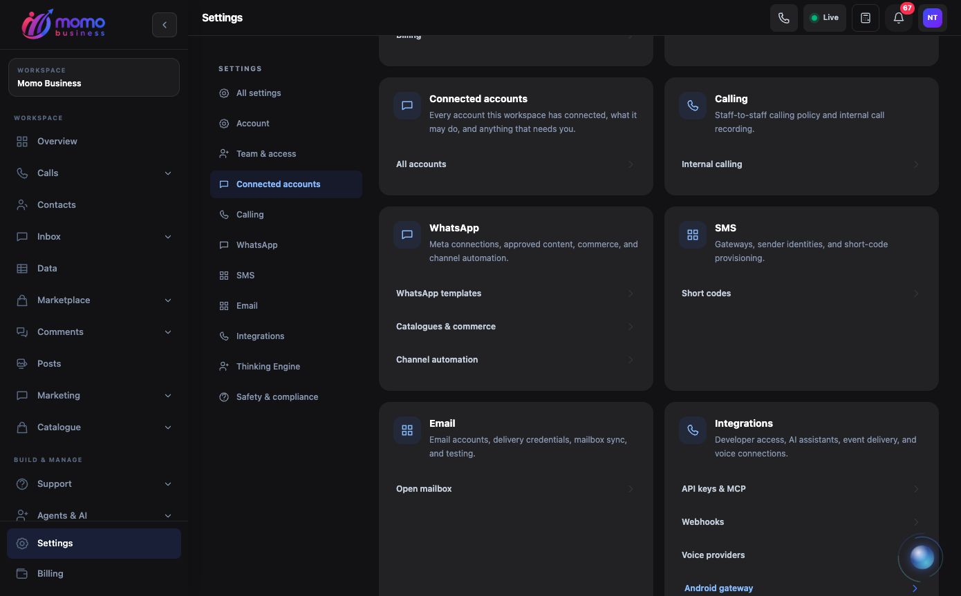 Momo Business Settings with Connected accounts selected and the All accounts link visible