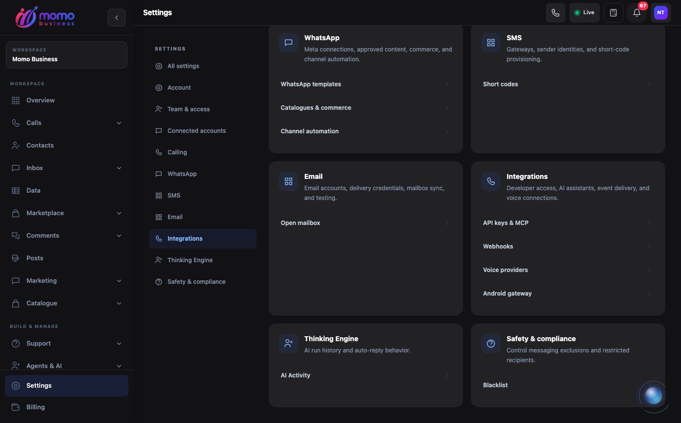 Momo Business Settings showing the Integrations section and its API keys and MCP link