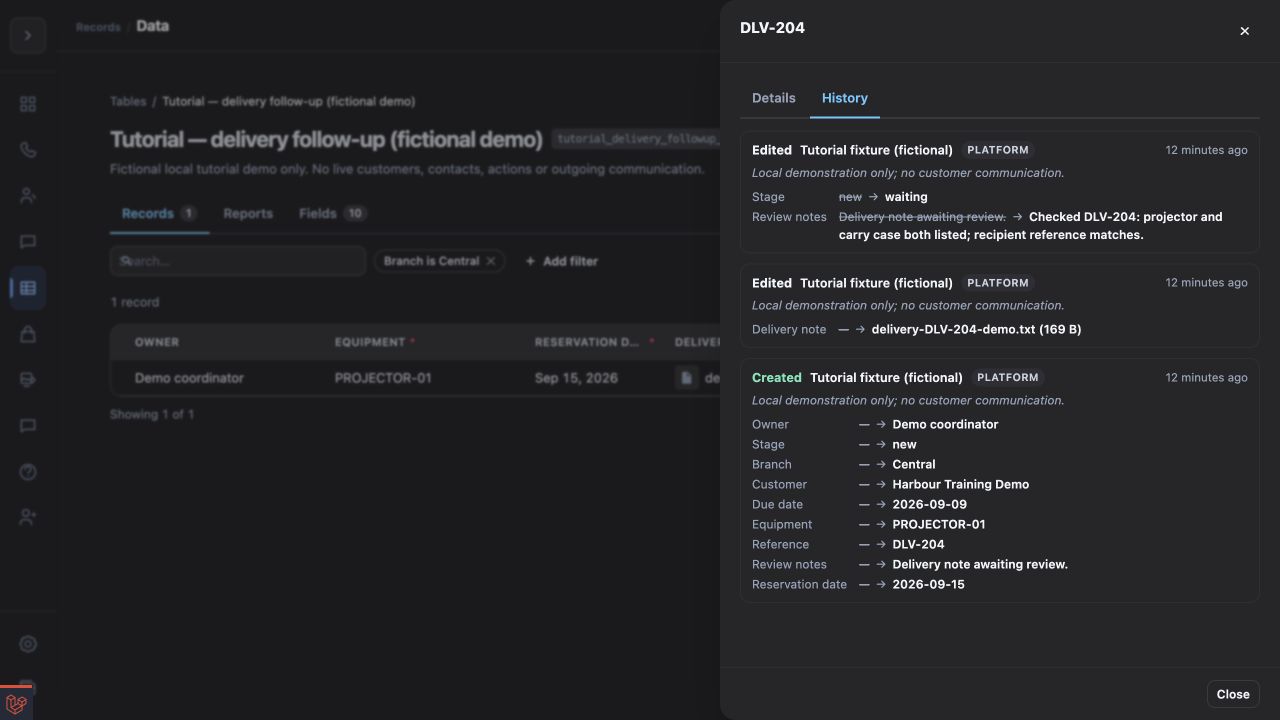 The History tab of a saved Data record showing recorded actions, actors and field changes