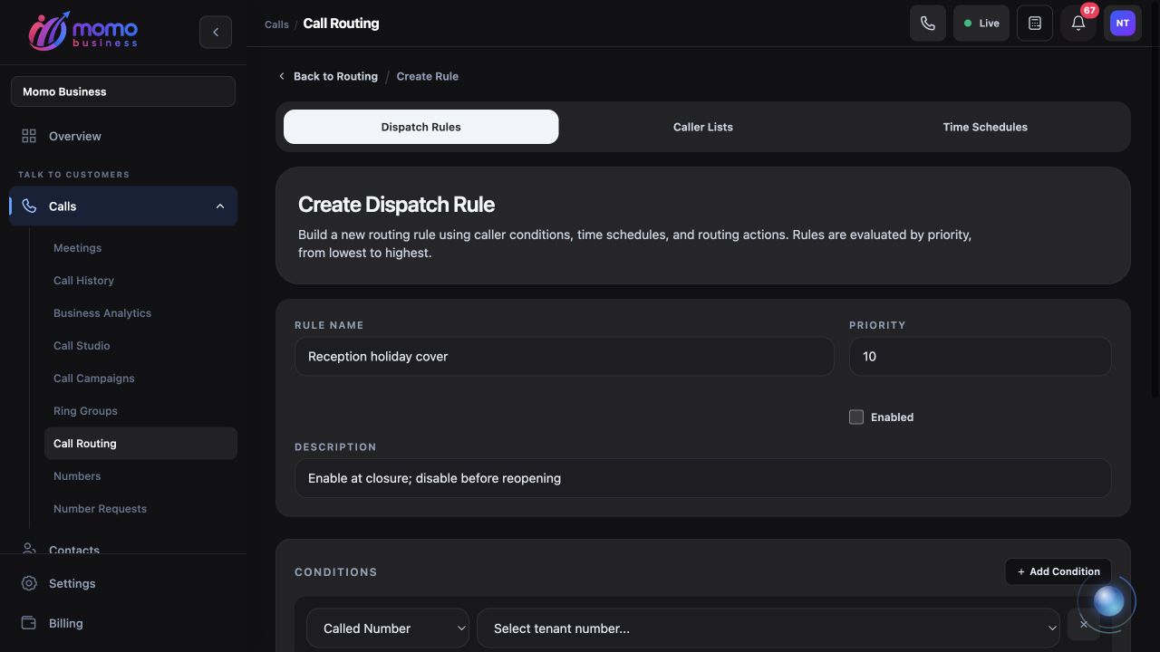 Dispatch rule setup showing the name, priority, enabled control and called-number condition.