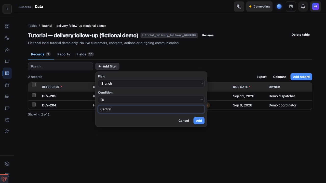 The Data Records Add filter panel showing the field and condition controls