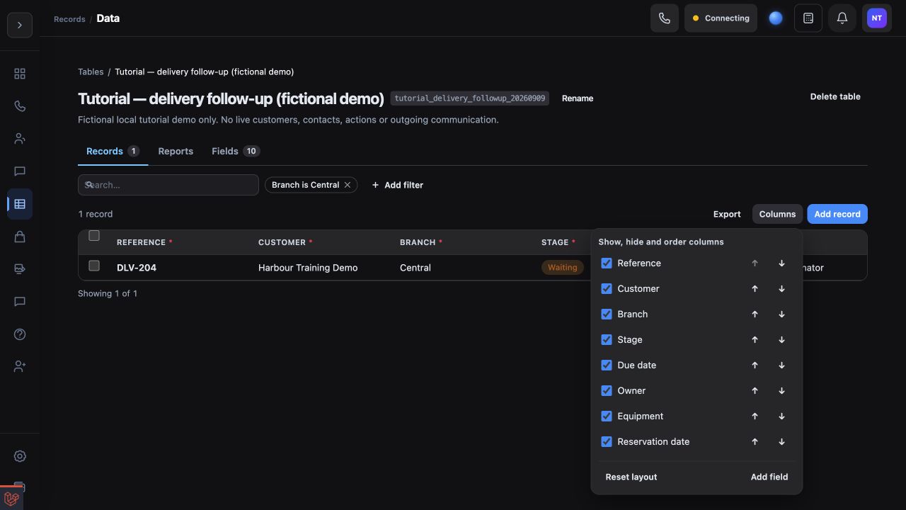 The filtered Data Records grid with the Columns panel for showing, hiding and ordering fields