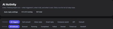 AI Activity showing trigger and status filters alongside recorded agent runs