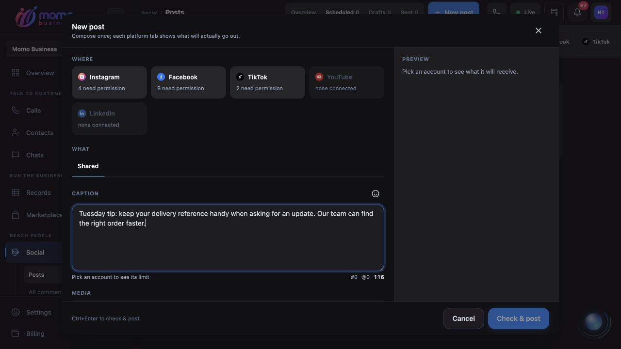 New post composer showing an unsaved fictional caption in the Shared content editor
