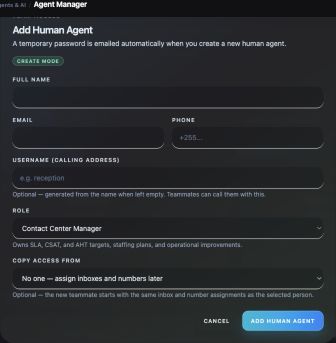 Add Human Agent form showing identity, calling username, role and copy-access controls.